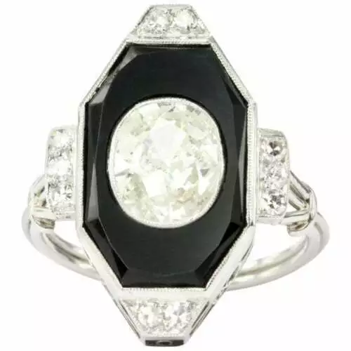 Art Deco Pure 935Silver Black Onyx & 1.4ct Shiny White CZ Women's Fantastic Ring