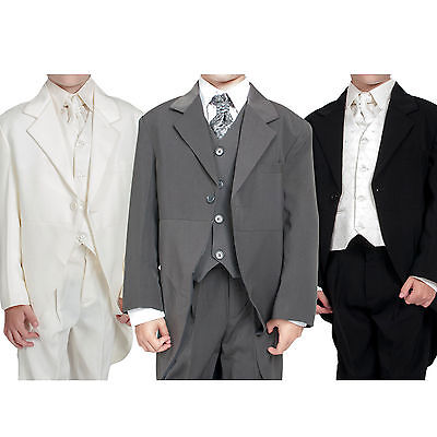 Boys 5pc Tailcoat Morning Suit Wedding Formal Suits 3 Colours Black Cream Grey