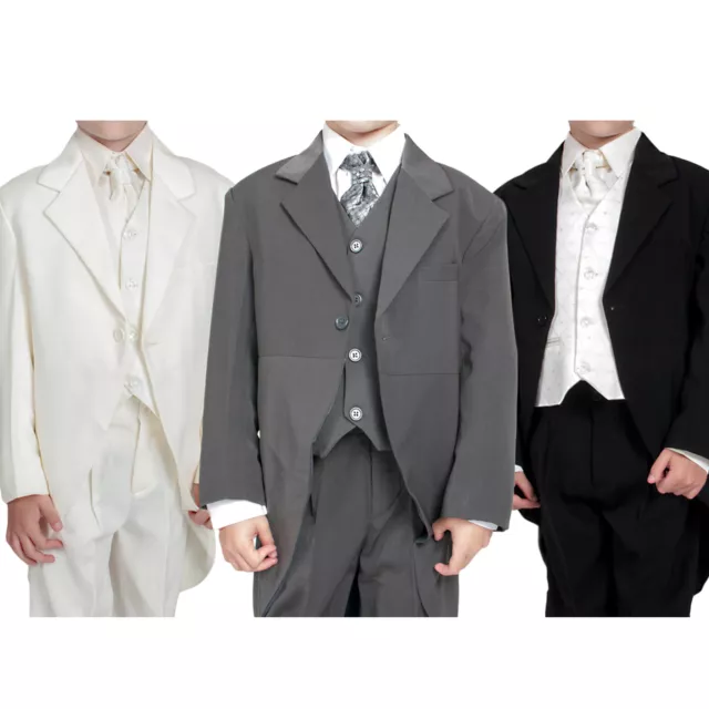 Boys 5pc Tailcoat Morning Suit Wedding Formal Suits 3 Colours Black Cream Grey
