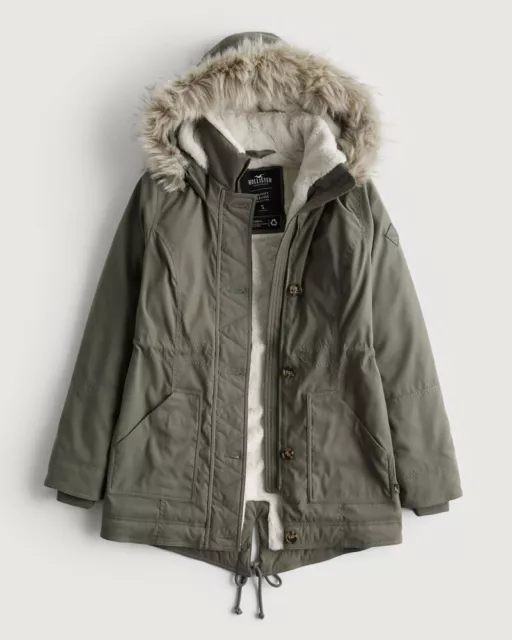 NWT Hollister by Abercrombie&Fitch Cozy-Lined Parka Faux Fur Coat Jacket  Olive 