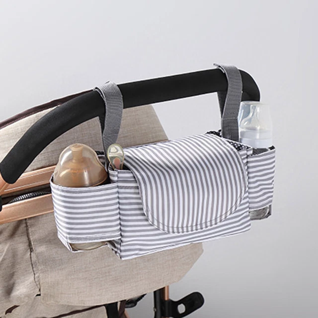 Bolso para cochecito de bebé almacenamiento multifunción biberón y portavasos (rayas)