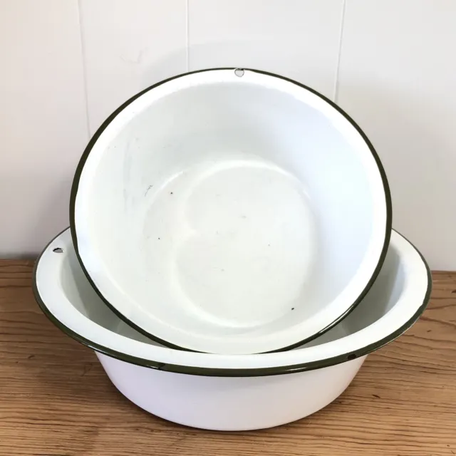 2 Vintage White Enamelware Bowls with Green Trim