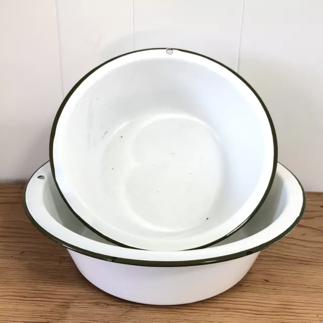 2 Vintage White Enamelware Bowls with Green Trim