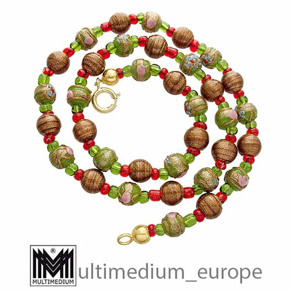 Vtg Murano Glas Kette Halskette grün rot glass necklace aventurin