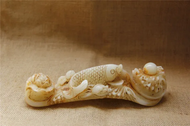 8" China old antique handcarved white jade fish lotus ruyi statue