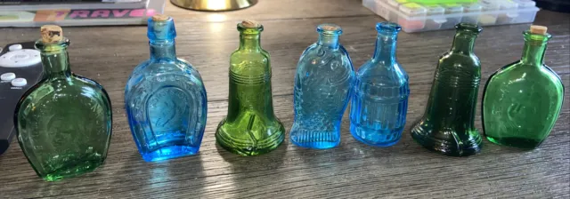 Wheaton Vintage Blue & Green Glass Miniature Bottles - Lot Of 7