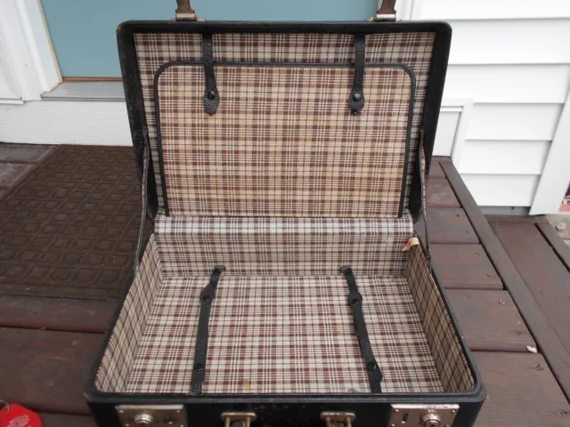 Vintage Antique Leather Suitcase Attache Briefcase Hard Shell Lock Key Plaid