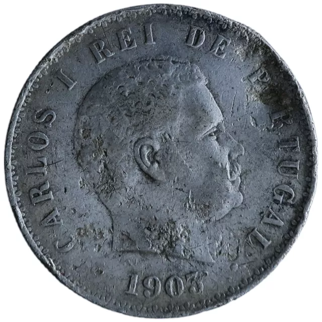 1903 Portugal 500 Reis Plata Rey Carlos I Llave Excelente Estado Z128