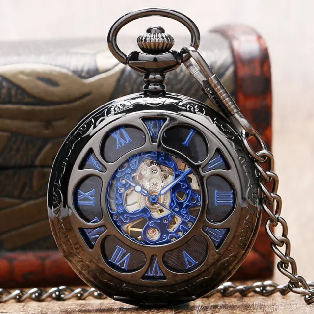 Classical Black Dial Blue Roman Numerals Mechanical Pocket Watch Pendant Chain