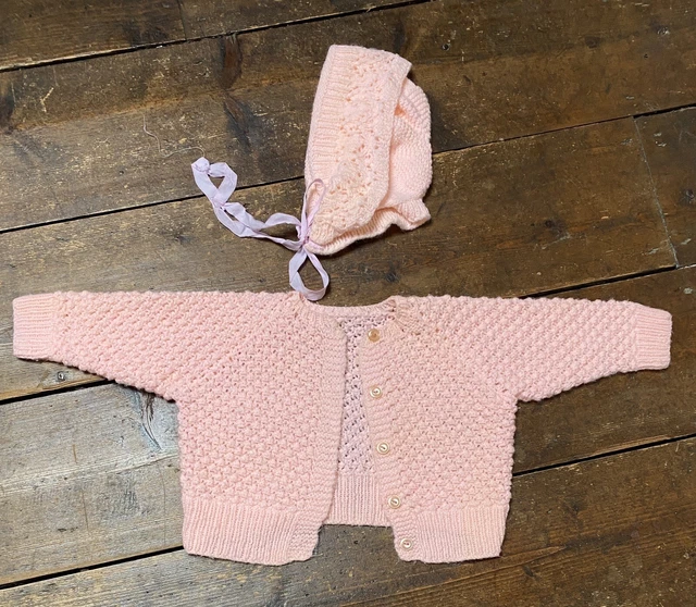 Vintage Hand Knitted Baby Girls Cardigan Bonnet 0-3 Months