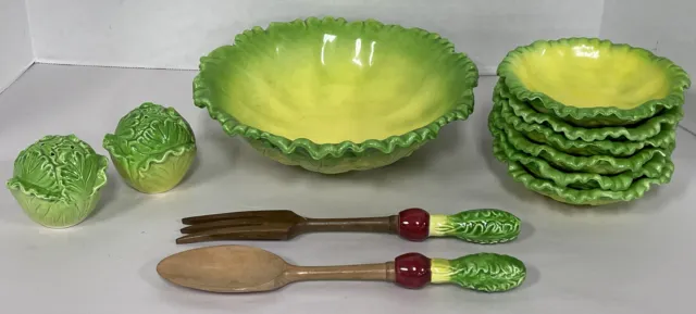 Rare Vintage Set SEYEI Japan Cabbage Lettuce Leaf Salad Bowls Shakers Utensils