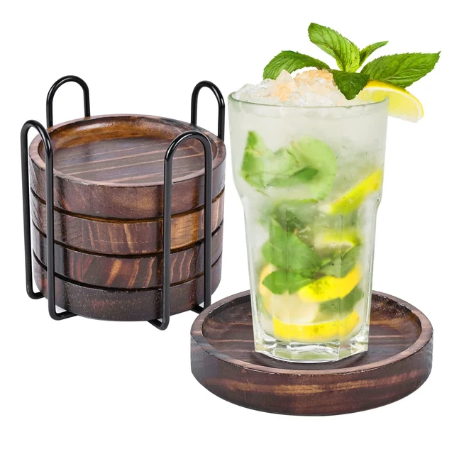 Coasters For Drinks, Set 5 Natural Pine Wood Style Drink Coaster, Holder