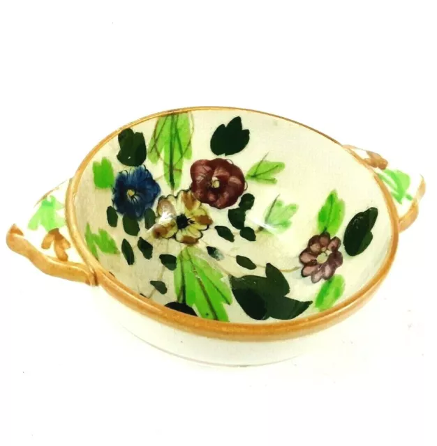 Vintage Majolica Art Pottery Bowl with Handles 4.75 x 2.25 inches Glazed Japan