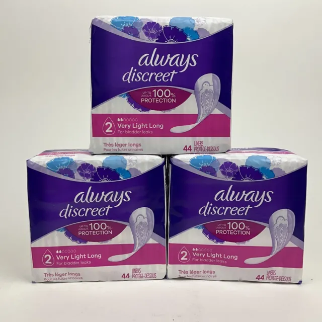 3 Always Discreet Incontinence & Postpartum Liners For Women Size 2 44 Count Ea