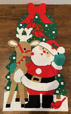Vintage Plastic Canvas Art Yarn Santa Christmas Holiday Reindeer Large 18”x33.5”