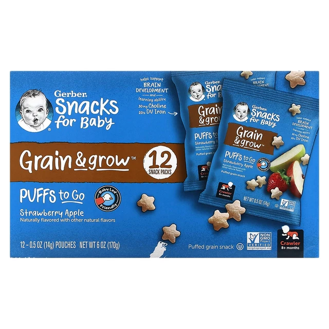 Snacks for Baby, Grain & Grow, Puffs to Go, 8+ Months, Strawberry Apple, 12