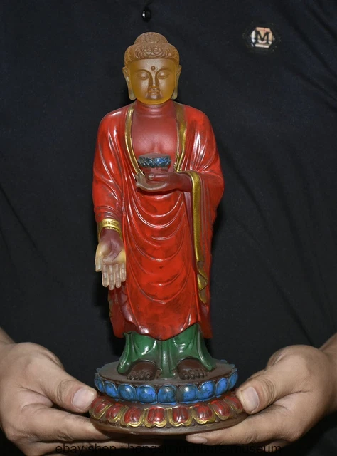 11.2" Old Chinese Buddhism Yellow Crystal Painting Stand Sakyamuni Buddha Statue