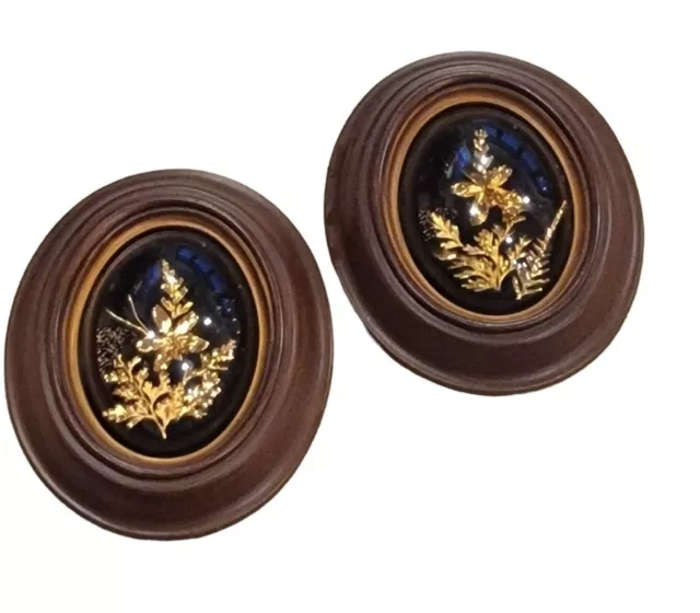 Lot of 2 Vintage Saburo Framed 24 Kt Gold Hawaiian Flowers Orchids bubble glass