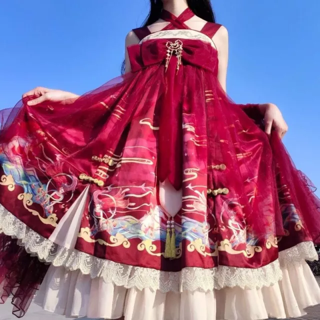 Donna Gotico Lolita Abito Pizzo Cosplay Costume Kawaii Carino Midi Slip Rétro