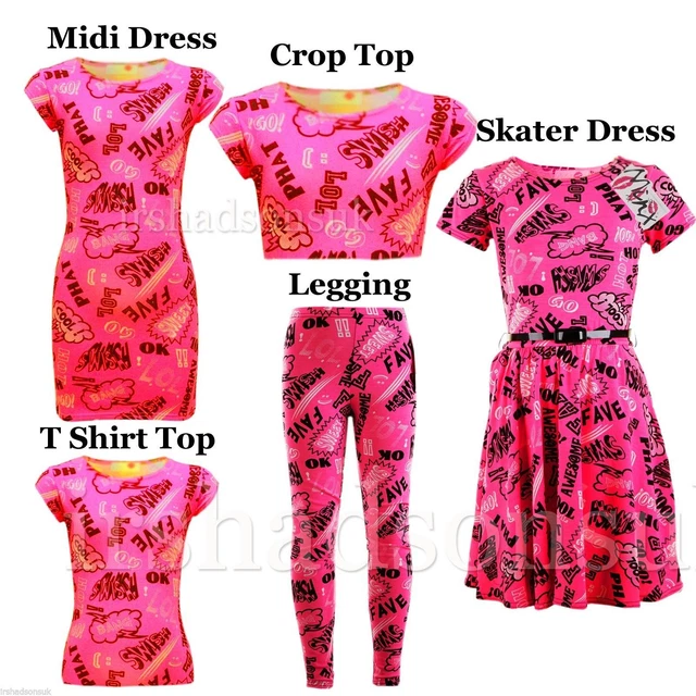 Kids Girls Lol Cool Graffiti Trouser Legging Skater Midi Dress Crop Top T Shirt