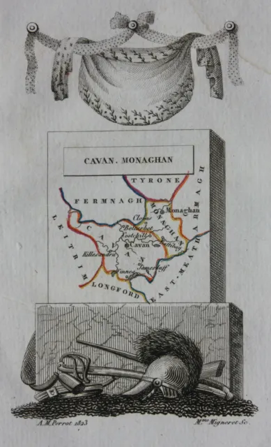 IRELAND, CAVAN, MONAGHAN, original antique miniature county map, Perrot 1828
