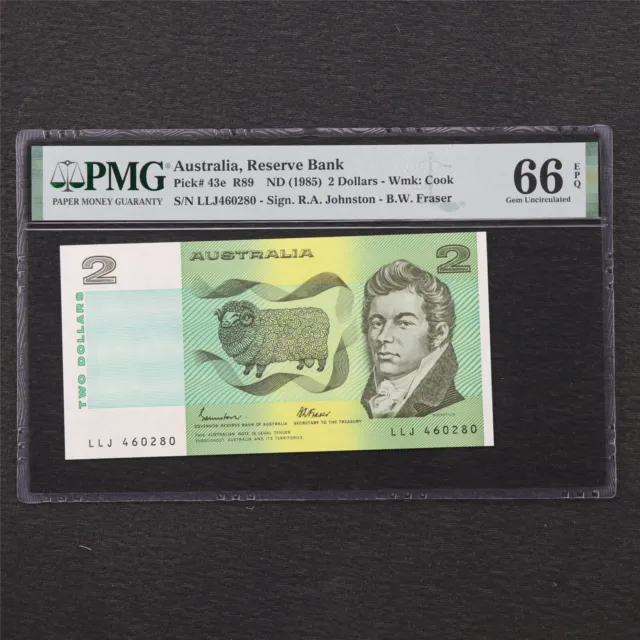 1985 Australia Reserve Bank 2 Dollars Pick#43e PMG 66 EPQ Gem UNC