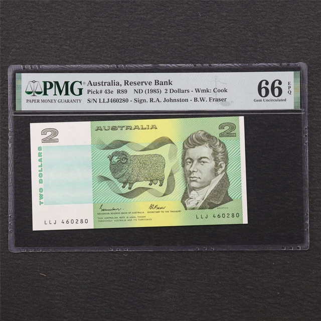 1985 Australia Reserve Bank 2 Dollars Pick#43e PMG 66 EPQ Gem UNC 1985 Australia Reserve Bank 2 Dollars Pick#43e PMG 66 EPQ Gem UNC