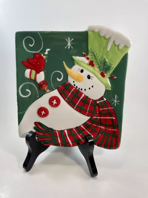 Fitz and Floyd Serving Plate Holly Hat Snowman Red Bird Christmas Holiday Decor