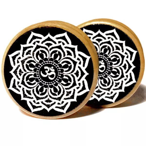 Pair Wood Handmade Ear Plugs - Organic Gauges Flesh Tunnels Earrings OM Mandala