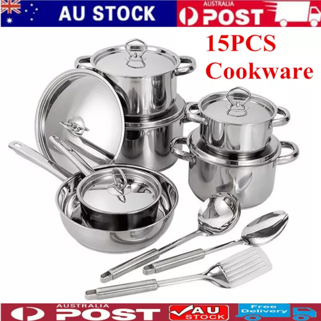 AU STOCK Kitchen Cookware Set 15-Piece Stainless Steel Pots and Pans Lid Cooking