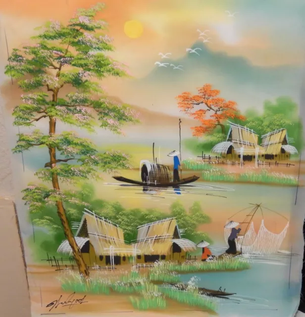 Chinese Original Watercolor On Silk Village River Fishing Painting Signed