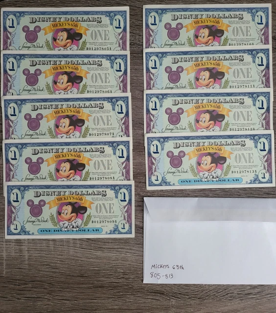 Nine 1993 Disney Dollars UNC 805A-813A Mickeys 65th Uncirculated Nine 1993 Disney Dollars UNC 805A-813A Mickeys 65th Uncirculated