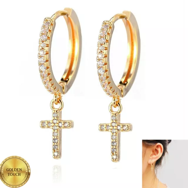 Mens Womens 18k Yellow Gold Filled Simulated Diamonds Pave Cross Hoop Earrings