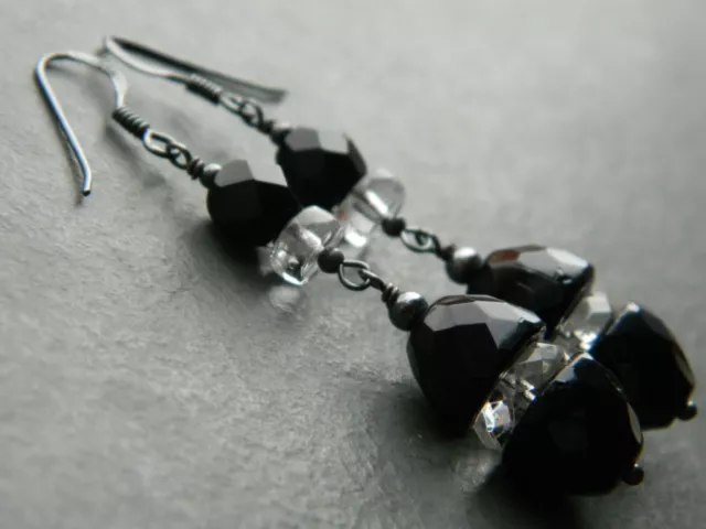 Art Deco French Jet & Clear Glass Faceted Beads & Oxidised 925 Silver Earrings