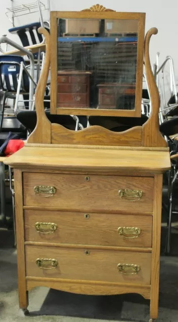 Vintage Golden Oak Three Drawer Antique Dresser with Mirror