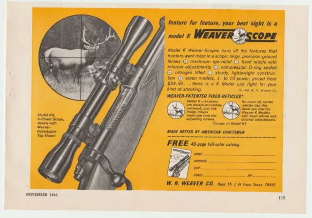 Weaver Scope Model K4 4-Power Scope Rifle Gun Firearm Vintage Print Ad 1965 A53