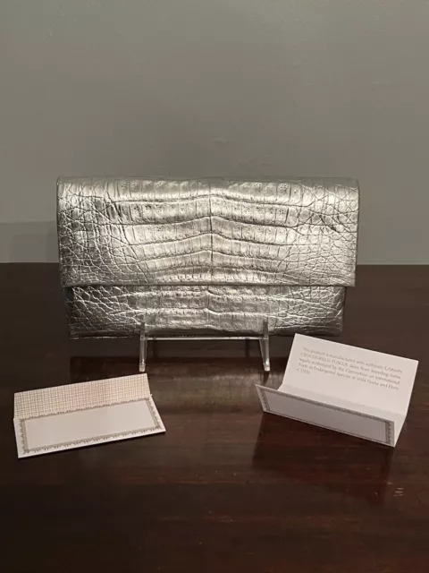 Nancy Gonzalez Crocodile Silver Metallic Fold Over Style Handbag Purse Clutch