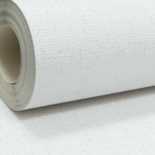 White Silver Glitter Shimmer Wallpaper Plain Textured Linen Effect Thick Vinyl