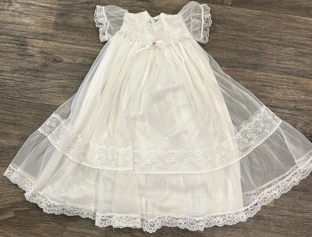 Vintage Sheer Lace Baby Baptism Christening Dress Nylon White 0-3 Months
