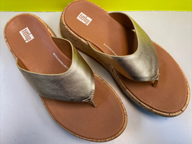 FitFlop F-Mode Metallic Leather Cork Flat form Slide Sandals  Gold Size 8