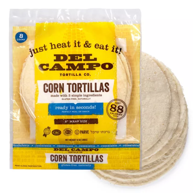 Del Campo Soft Corn Tortillas – 8 Inch Round. 100% Natural, Gluten Free (8ct)