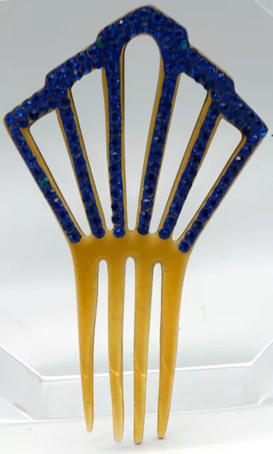 Vintage Celluloid Hair Comb Faux Tortoise Shell with Sparkling Blue Rhinestones