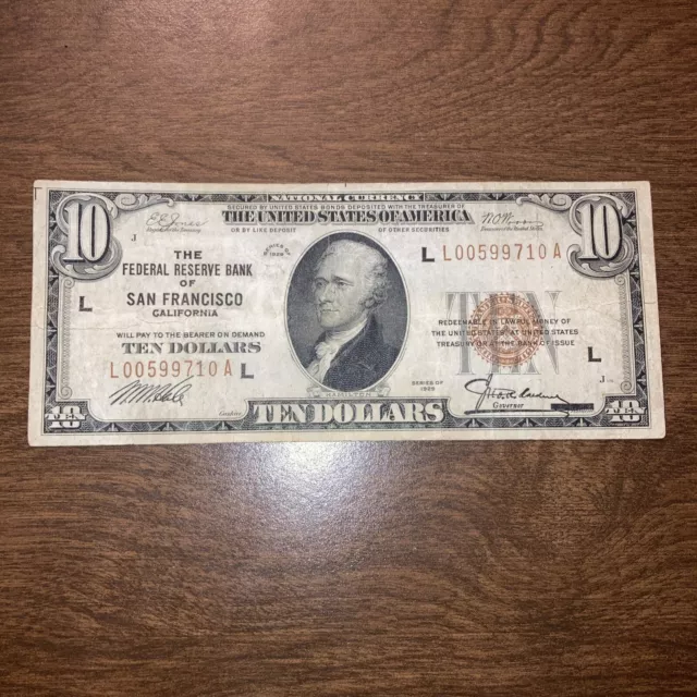 1929 Ten Dollar Bill $10 US Currency Note San Francisco California L 0059 9710 A