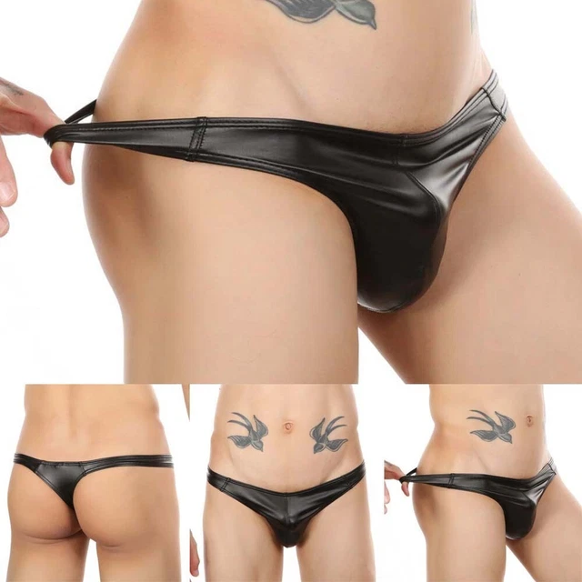 Mens Faux Leather Briefs Lingerie G-string Thong Underpants Sexy Low-Rise Bikini