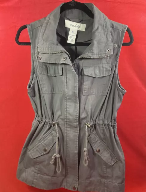 Sebby Womens Vest Small Utility Cargo Vest Gray Full Zip Cinch Waist Drawstring