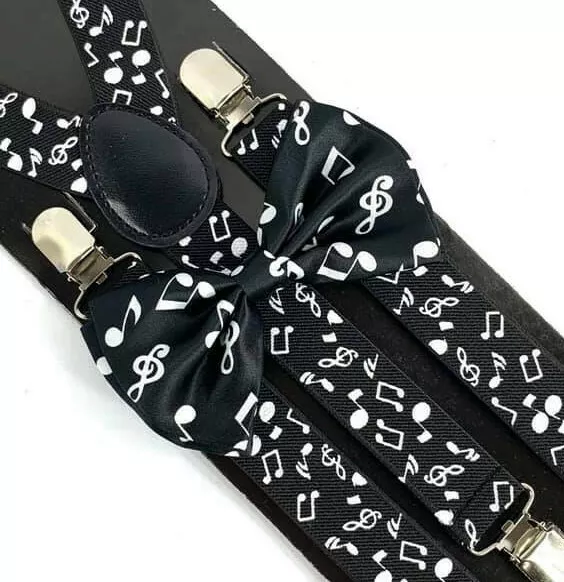 Bow Tie & Suspender High Quality Adjustable Combo Set Black/White Musical Note