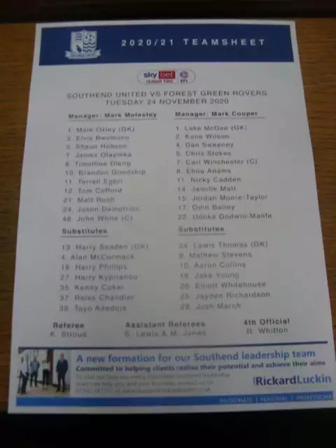24/11/2020 Colour Teamsheet: Southend United v Forest Green Rovers