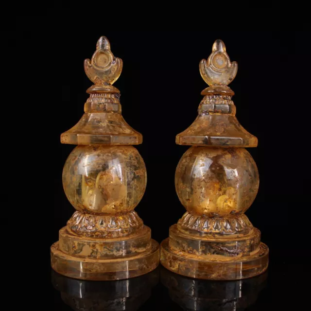 6" Old Chinese Tang Dynasty crystal carved relics pagodas Statue Sculpture Pair