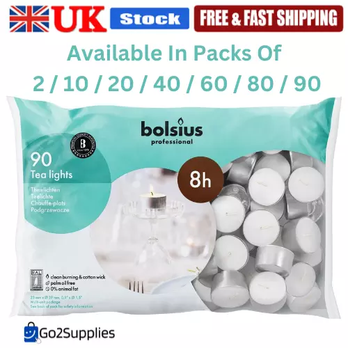 Premium Bolsius Tea Lights 8 hr Long Hour Burn Night Light Candles Packs Of 2-90