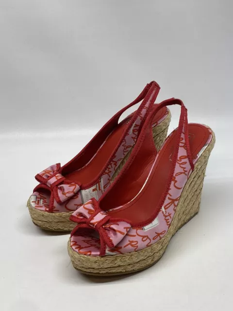 Coach Women’s Size 6 Grace Wedges Pink Red Bow Top Slingback Espadrille Sandals